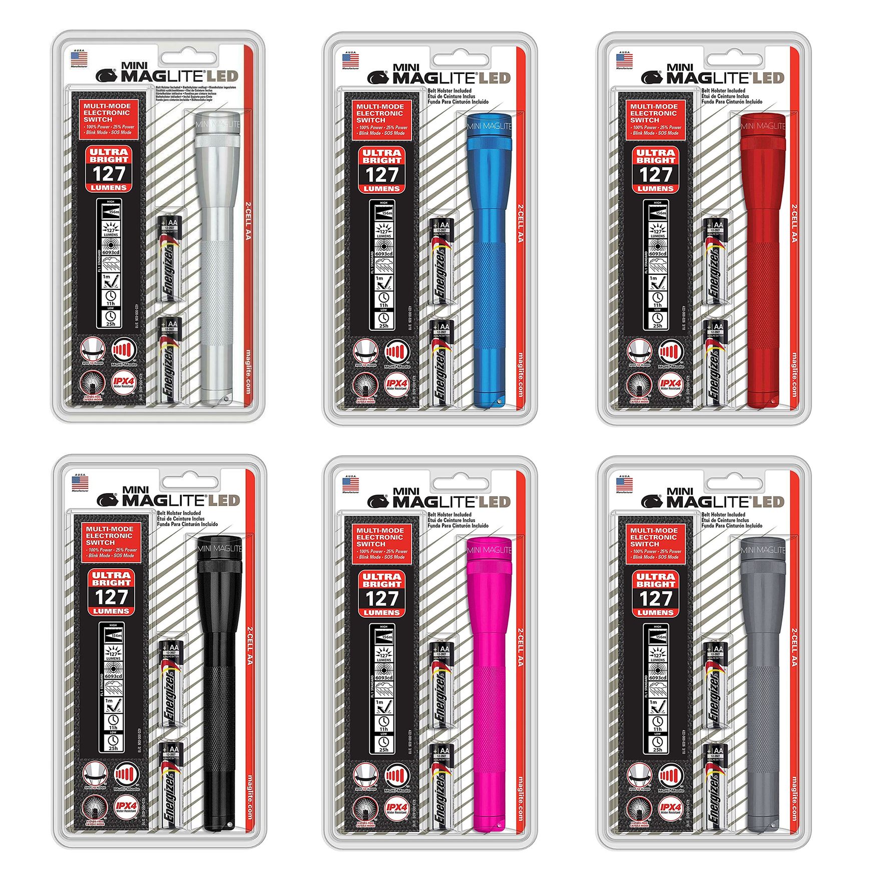 Mini Maglite 2 AA LED torch 127 lumens 141m beam torch and holster pack